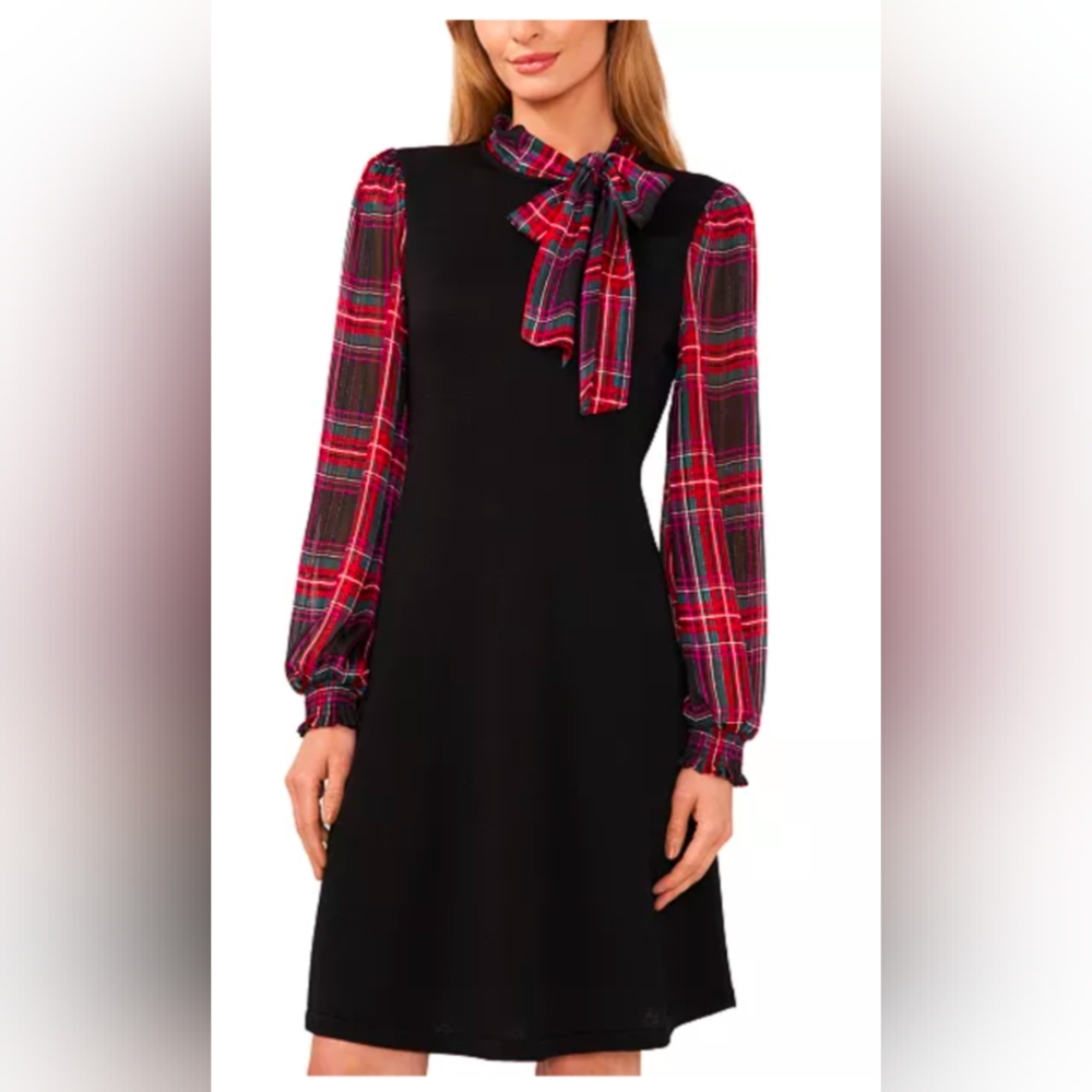 Plaid Sleeve Black Dress